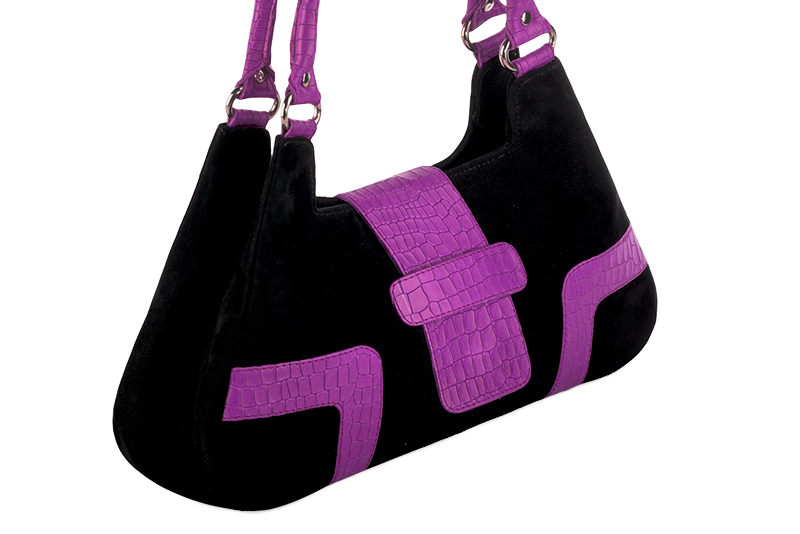 Mauve purple and matt black women's dress handbag, matching pumps and belts. Front view - Florence KOOIJMAN